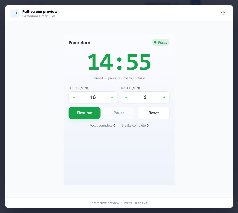 Pomodoro Timer v1 in the browser preview with 15-minute focus and 3-minute break settings and a paused countdown