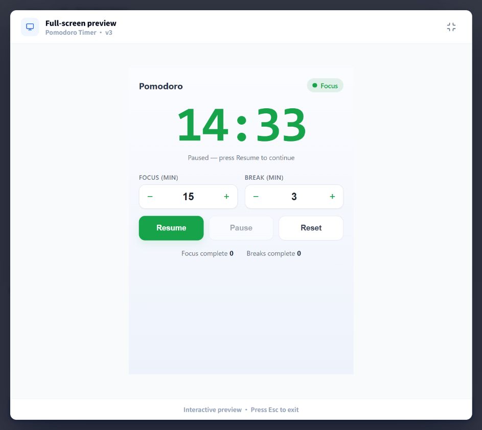 The browser preview after choosing Keep session: the timer remains paused at 14:33