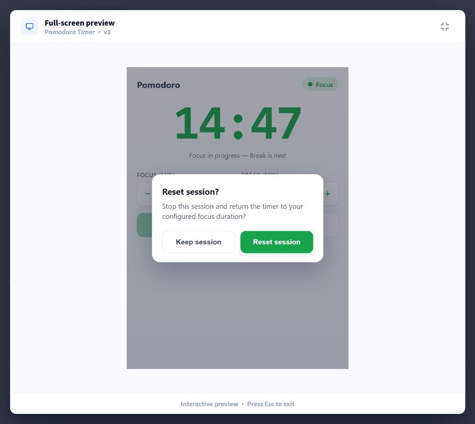 Pomodoro Timer v3 showing a Reset session confirmation with Keep session and Reset session buttons during an active countdown