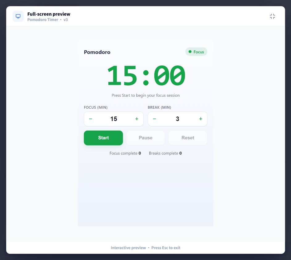 The browser preview after confirming Reset session: the timer is stopped at 15:00 and the 15/3 duration settings remain visible
